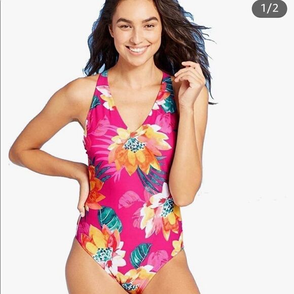 Kona Sol Women's Plus Size Strappy Back One Piece Swimsuit (Pink Floral) - Picture 1 of 15